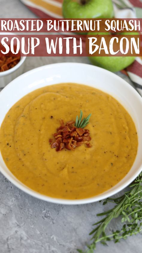 Butternut Squash Bacon Soup, Butternut Squash Soup With Bacon, Squash Soup With Bacon, Curried Squash Soup, Soup With Bacon, Herb Soup, Aip Breakfast, Bacon Sauce, Potato Bacon Soup