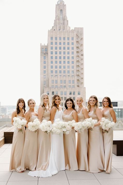 Silver Champagne Bridesmaid Dresses, Champagne Color Aesthetic Wedding, Gold And White Bridesmaid Dresses, Birdy Grey Bridesmaid Champagne, Light Gold Dress Bridesmaid, Bridemades Dresses Champagne, Winter Wedding Champagne Bridesmaids, Cream Coloured Bridesmaid Dresses, Wedding White And Champagne