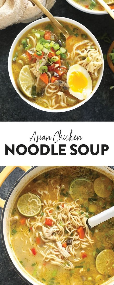 Chicken noodle soup with a ramen flair! This Asian Chicken Noodle Soup will quickly become your go-to twist on the traditional chicken noodle soup recipe. Top with a soft boiled egg, and dinner is served! Ramen Recipes Soup, Top Ramen Hacks, Ramen Chicken Noodle Soup, Asian Chicken Dinner, Chinese Chicken Noodle Soup, Chicken Quinoa Soup, Freezing Soup, Asian Chicken Noodle Soup, Chicken Noodle Soup Ingredients