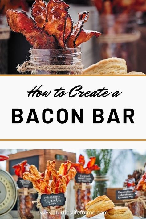 Bacon Brunch Display, Bourbon And Bacon Party, Bacon Bar Wedding, Hanging Bacon Display, Bacon Bar Ideas, Bacon Board Ideas, Bacon Presentation, Bacon Themed Food, Bacon Decorations