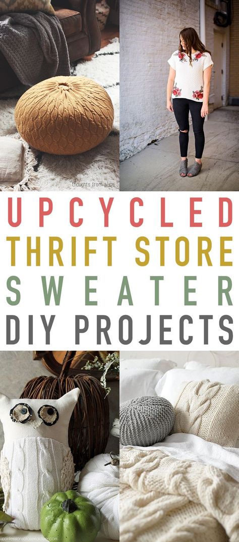 Upcycled Thrift Store Sweater DIY Projects Upcycling Sweaters, Sewing Projects Clothes Upcycling, Upcycled Thrift, Diy Thrift Store Crafts, Skirts Fall, Diy Christmas Sweater, Diy Lampshade, Sweater Diy, Clothes Upcycle