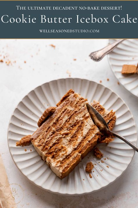 No-Bake Cookie Butter Icebox Cake Christmas Icebox Cake, Biscoff Icebox Cake, Peanut Butter Ice Box Cake, Cookie Butter Desserts, Ice Box Cake Recipes, Cookie Icebox Cake, Biscoff Desserts, Cookie Butter Cake, Icebox Cake Recipes