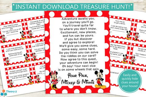 Printable Disney Treasure Hunt Clues // instant download, Mickey Minnie Mouse, surprise scavenger hunt party game pdf file birthday game  The hunt is on to find the treasure!! Use this printable treasure hunt for birthday parties, trip reveals, fun surprises, and more! Disney Trip Reveal, Scavenger Hunt Party, Disney Trip Surprise, Disney Reveal, Disney Surprise, Scavenger Hunt Birthday, Treasure Hunt Clues, Scavenger Hunt Clues, Christmas Scavenger Hunt