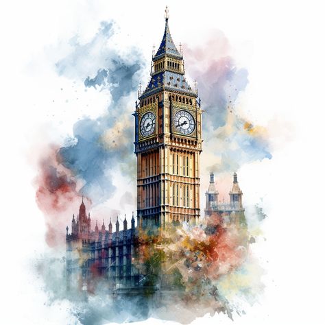 Clock Watercolor Painting, London City Drawing, Watercolor Monuments, Watercolour Buildings, London Watercolor, London Drawing, Dream Catcher Art, Watercolor Paintings Nature, Watercolor City