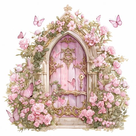 17 Floral Fairy Door Clipart, Cozy Fairy Door, Pink Fairy Door,Butterflies,Printable Watercolor, High-Quality JPGs, Papercraft, Junk Journal by PawfectArtCreations on Etsy Door Clipart, Butterflies Printable, Floral Fairy, Fairy Illustration, Butterfly Printable, Pink Fairy, Creative Games, Fairy Door, Fairy Doors