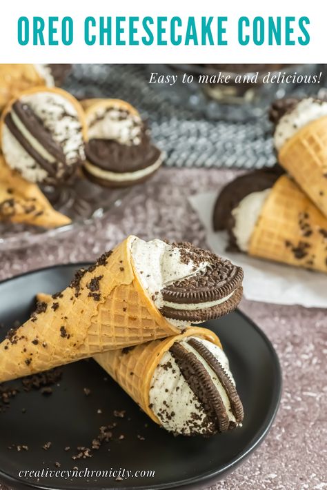 Oreo Cheesecake Cones - Creative Cynchronicity Cheesecake Cones, Beef Barbecue, Brown Bag Lunch, Vanilla Whipped Cream, Cheese Cookies, Canadian Food, Whipped Cream Cheese, Oreo Cheesecake, No Cook Desserts