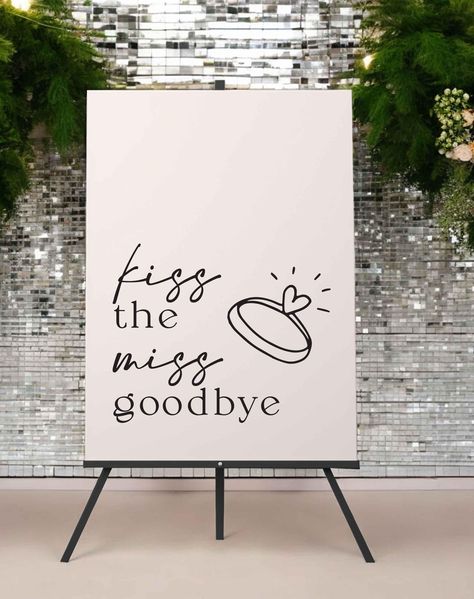 Welcome guests to your hen party with the beautiful Kiss The Miss Goodbye Sign. This elegant sign serves as a warm greeting and sets the tone for a fun celebration. With its chic design and quality craftsmanship, it's the perfect addition to your special day. FAQS What size are the signs? The size of the sign ranges from A4 (which will be a card print) or A2 (420 x 594mm), A1 (594 x 841mm) or A0 (841 x 1188mm) Can I customize the sign with my own text? Yes! All our signs can be customized with y Kiss The Miss Goodbye, Bachelorette Signs, Engagement Party Games, Goodbye Party, Rustic Wedding Showers, Event Centerpiece, Wedding Shower Decorations, Personalized Wedding Sign, Event Signage