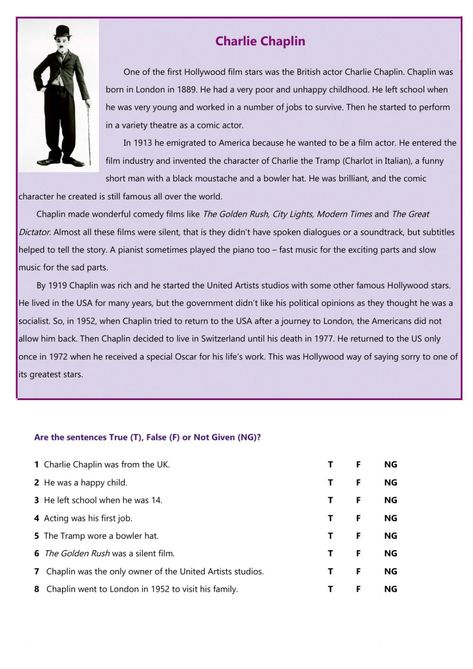 Reading online worksheet for Pre-intermediate. You can do the exercises online or download the worksheet as pdf. Reading Text For Intermediate, English Articles For Reading, Biography Text, Intermediate Reading, Esl Grammar, Esl Reading, Reading Comprehension Lessons, Reading Test, Reading Comprehension Questions