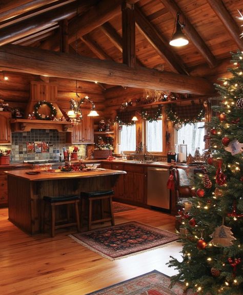 Christmas Lake House, Over Fireplace Decor, Cozy Cabin Bedrooms, Cabin Houses, Honeycomb Wallpaper, Rustic Kitchens, Christmas Cabin, Cabin Diy, Log Home Living