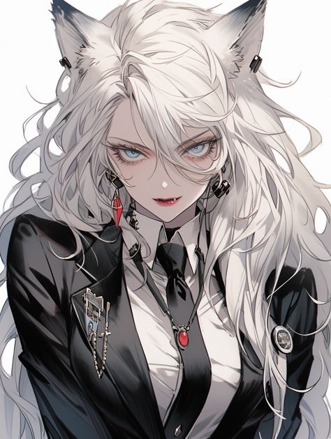 Must-See Midjourney Artwork managed by ThetaCursed, License: CC BY-NC 4.0 White And Black Hair Anime, Anime Wolf Female, Black And White Hair Anime, Anime Female Character, Cat Suit, Persona Anime, Long White Hair, Queen Anime, Gothic Fantasy Art