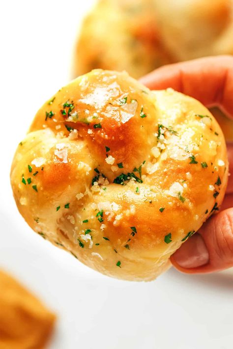 Garlic Knots Recipe | Gimme Some Oven Dominoes Garlic Knots Recipe, Garlic Knots Homemade Dough, Pull Apart Garlic Knots, Garlic Knots From Frozen Bread Dough, Rhodes Rolls Garlic Knots, Buffalo Garlic Knots, Garlic Nots Recipes From Scratch, Soft Garlic Knots, Garlic Herb Dinner Rolls