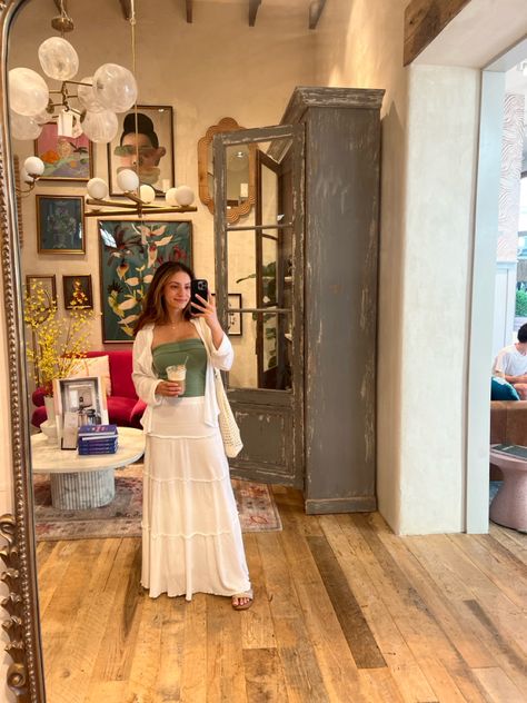 white skirt summer outfit with green sleeveless top White Skirt Summer Outfit, Uk Outfits, Broadway Outfit, White Skirt Summer, White Long Skirt, White Maxi Skirts, Skirt Summer, Green Tank Top, Green Tank