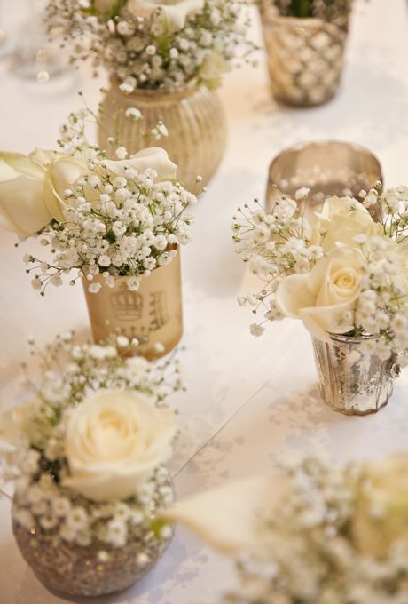 Neutral Wedding Color Palette Ideas: White Rose and Baby's Breath Centerpieces | Brides.com 50th Anniversary Party Ideas Balloons, Table Decorations Party, Elegant Decorations, 50th Wedding Anniversary Party, Rustic Wedding Decorations, 50th Anniversary Party, Babies Breath, Wedding Table Flowers, Anniversary Decorations