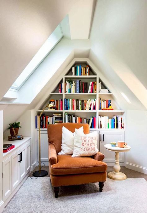 Small attic room ideas Reading Nook In Attic, Loft Nook Ideas, Attic Nook Ideas, Attic Lounge Ideas, Small Attic Office, Tiny Attic Ideas, Attic Hallway, Attic Built Ins, Attic Reading Nook