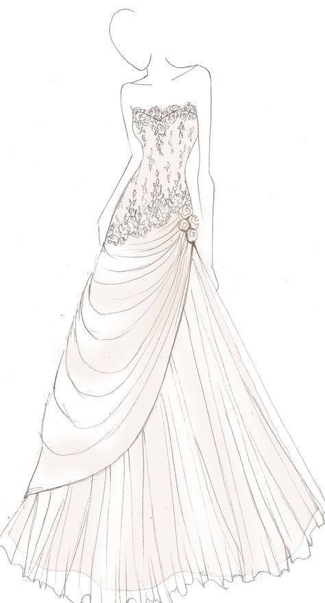 Easy Fashion Illustration, Bridal Dresses Sketches Fashion Illustrations, Gown Illustration Sketch, Bridal Wear Illustration Sketch, Wedding Gown Drawing Sketches, Wedding Gown Sketches Illustration, Fashion Sketchbook Inspiration, Wedding Dress Sketches, Fashion Design Books