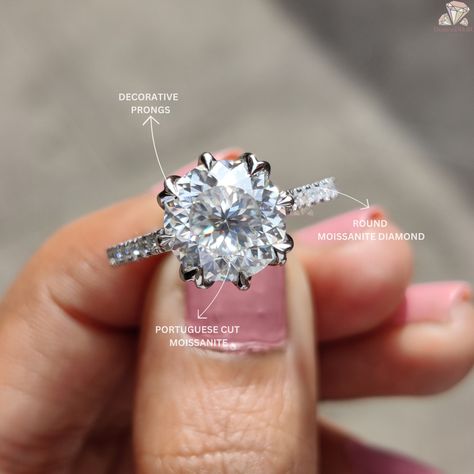 Round Portuguese Cut Moissanite Wedding Gift Ring... . . . #ring #portuguesecut #weddinggift #gift #unique #jewelry #whitegoldring #diamondring #roundmoissanite #moissanitering #birthdaygift #silverjewelry #decorativeprongsetting #engagementring #handmadering Portuguese Cut Diamond Engagement Ring, Portuguese Cut Engagement Ring, Portuguese Cut Diamond, Wedding Ring White Gold, Marquise Wedding Ring, Rose Gold Moissanite Ring, Como Wedding, Cathedral Setting, Ring Inspo