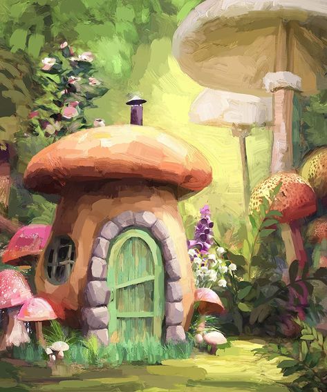 Fairy Garden Painting Ideas, Painting Mushrooms Acrylic, Acrylic Painting Unique, Acrylic Painting Mushroom, Unique Canvas Painting Ideas, Painting Ideas Mushrooms, Acrylic Mushroom Painting, Mushroom Painting On Wall, Easy Forest Painting