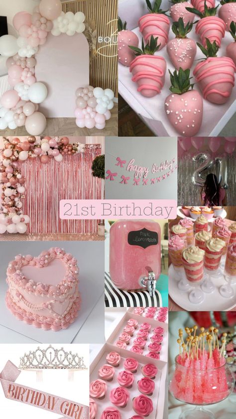 A collage of images of part themed deserts and decor in a variety of different pinks and whites 21st Birthday Strawberry Ideas, 21st Birthday Itinerary, 21 Birthday Pink Theme, Pink Themed 18th Birthday Party, 18th Pink Birthday Party, Girly 21st Birthday, 21birthday Party Ideas, 21st Birthday Parties, 30th Birthday Ideas For Women Pink