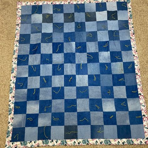 Homemade Denim Square Quilt Double Sided With Red Floral Design Size 72” X 57” Very Heavy Fast Shipping Jeans Quilt Patterns Recycled Denim, Queen Quilt Pattern, Jean Quilt Ideas, Jeans Projects, Patchwork Tablecloth, Jean Quilts, Denim Quilt Patterns, Denim Blanket, Denim Quilts