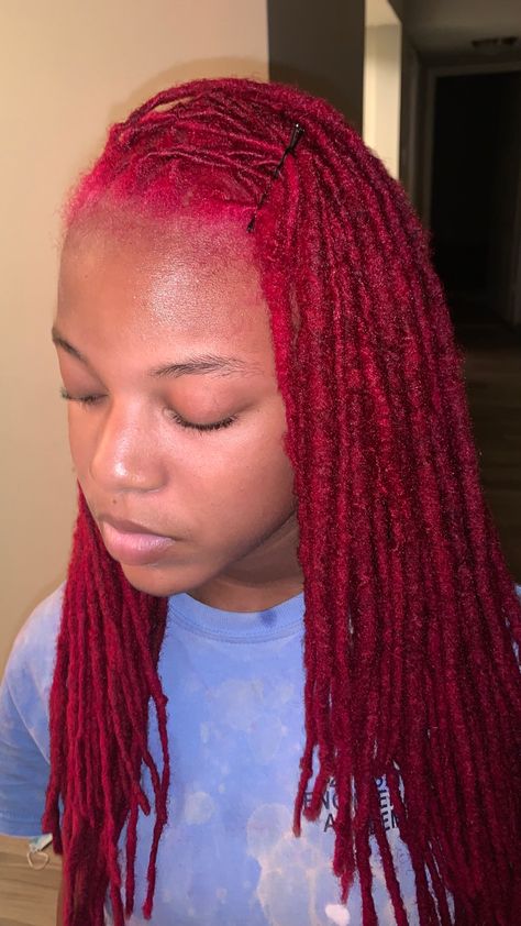 Pink And Red Locs, Magenta Locs, Red Locs Black Women, Red Locs, Raspberry Hair Color, Red Dreadlocks, Raspberry Hair, Female Dreads, Dyed Dreads