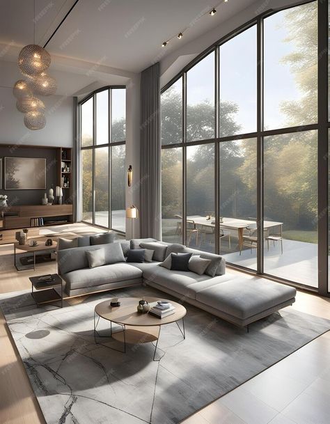 A living room with a large window that has a view of the outdoors | Premium AI-generated image Huge Living Room Luxury, Huge Windows Living Room, Floor To Ceiling Windows Living Room, Home With Large Windows, Big Windows Living Room, Glamorous Living Room, Glamorous Living, Large Window, Huge Windows