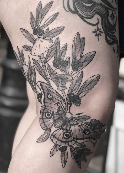 Mushroom Collar Bone Tattoo, Plant Knee Tattoo, Moth Thigh Tattoo Women, Nature Leg Tattoo, Cottagecore Leg Tattoo, Woodland Leg Tattoo, Botanical Tattoo With Mushroom, Moth And Plant Tattoo, Botanical Tattoo Sleeve