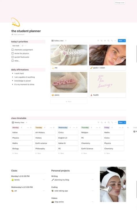 Aesthetic That Girl Notion Student Planner 🎧💫 Notion Yearly Planner, Glow Up Calendar, Notion Timetable, Notion School Templates, Ipad Decorations Ideas, Notions Aesthetic, 2025 Notion, Pink Notion Template, Comeback Aesthetic