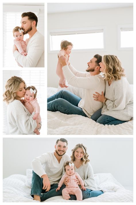 Family Infant Photos At Home, 3 Month Lifestyle Session, Indoor Picture Ideas Family Photos, Family Of 3 Photo Ideas Indoors, 2 Month Old Lifestyle Photography, Infant Family Photos Indoor, Family Of 3 Lifestyle Photography, Lifestyle Session Family, Indoor Family Of 3 Photoshoot Ideas