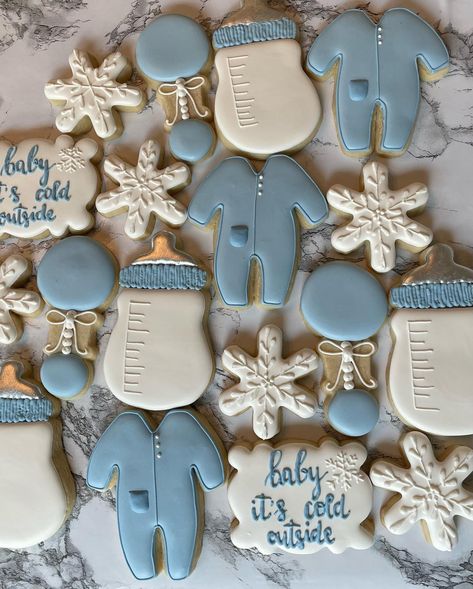 Baby It's Cold Outside Baby Shower Cookies, Blue Christmas Baby Shower Ideas, Baby Its Cold Outside Baby Shower Ideas Blue, What Will Our Snowflake Be, Winter Baby Shower Dessert Table, Winter Gender Reveal Cookies, Winter Baby Shower Cookies For Boy, Winter Wonderland Boy Baby Shower Ideas, Winter Wonderland Theme Baby Shower Boy