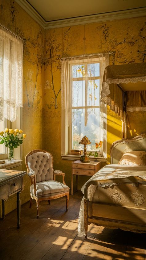 Step into a sunlit room bathed in a warm, golden glow, featuring vintage yellow wallpaper with intricately patterned floral designs that evoke a sense of nostalgia. This serene and inviting atmosphere is enhanced by antique wooden furniture, including a Victorian chair with plush cushions, an ornate wooden bed with lace bedding, and a quaint writing desk with an old-fashioned lamp. Sunbeams filter through sheer lace curtains, casting a soft, dappled light that highlights the room's tranquil and elegant aesthetic. A vase of fresh yellow roses on the windowsill adds the perfect touch of nature to this charming retreat. Rooms With Yellow Walls, Yellow Room Aesthetic Walls, Soft Yellow Aesthetic Vintage, Vintage Yellow Wallpaper, Yellow Room Aesthetic, Sheer Lace Curtains, Antique Wooden Furniture, Yellow Rooms, Sunlit Room