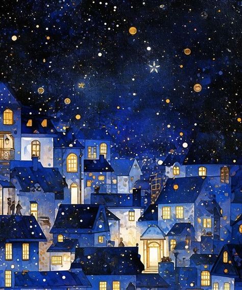 "Architecture en Bleu & Jaune" Night Sky Painting, Winter Illustration, Summer Illustration, Building Art, 수채화 그림, Phone Wallpaper Patterns, Fairytale Art, Love Illustration, Night Art