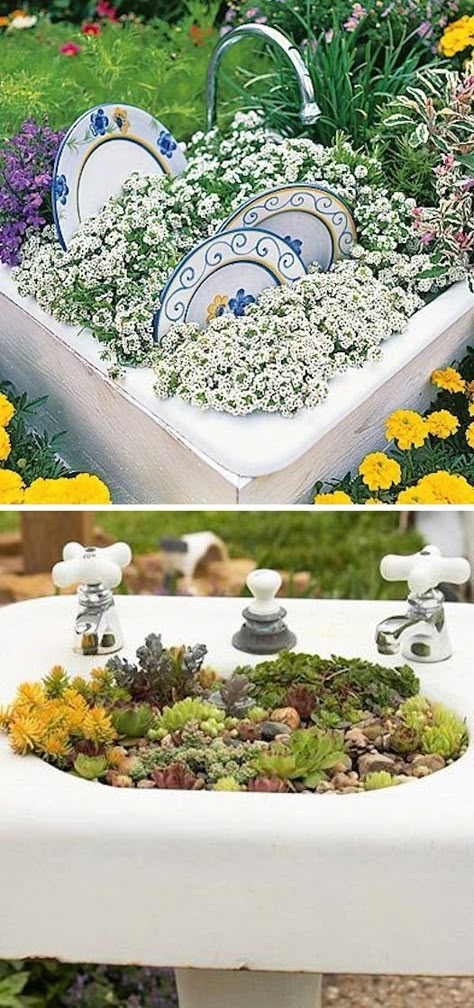 24 Creative Garden Container Ideas  - We're loving these old sinks for a more whimsical outdoor garden look. Garden Container Ideas, Old Sink, Garden Container, Container Ideas, Garden Containers, Creative Gardening, Unique Gardens, Whimsical Garden, Container Gardens