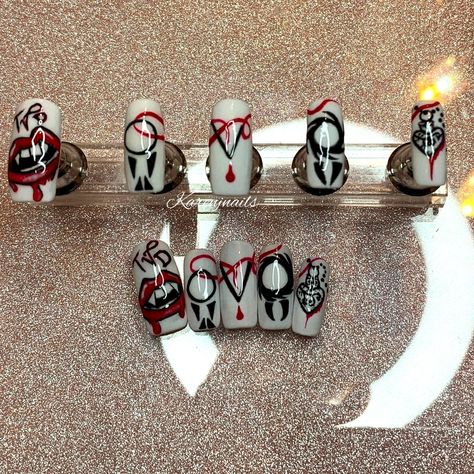 Vampire Diaries Nail Designs, Tvd Inspired Nails, The Vampire Diaries Nails Ideas, Nail Designs Vampire, Vampire Diaries Nails Acrylic, Tvd Nails Ideas, Vampire Diaries Nails, Tvd Nails, Vampire Nails Designs