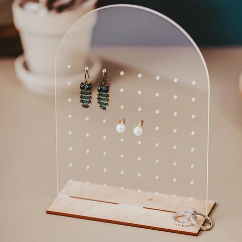 Keep your favorite pieces front and center with one of our sleek jewelry displays 😍 Our minimalist designs are perfect for organizing and showcasing your go-to earrings, making your morning routine a breeze! These displays are the perfect combination of stylish and functional. Grab one for your jewelry at shoplegacyandlight.com! ♡ ♡ ♡ #legacyandlight #shoplegacyandlight #smallbusinessowner #smallbusiness #handmade #handmadegifts #greenecountyva #ruckersvilleva #smallbusinesses #supportsma... Tangled Jewelry, Sleek Jewelry, Stud Earrings Holder, Vanity Dresser, Earring Display Stands, Wooden Arch, Small Business Packaging Ideas, Jewelry Holders, Business Packaging