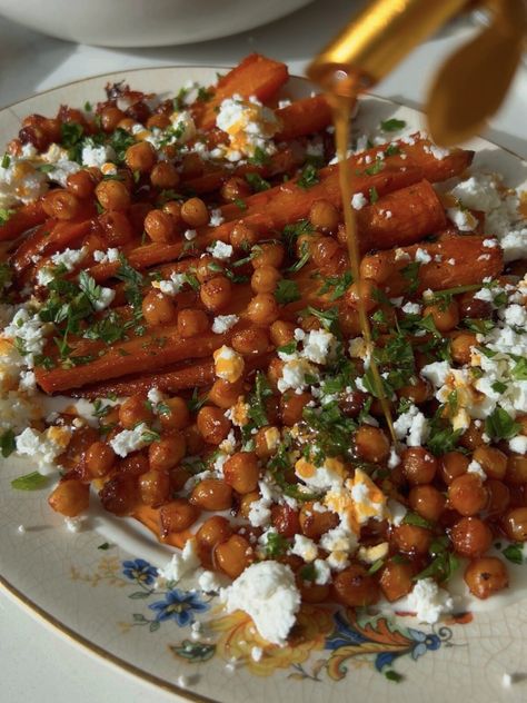 Harissa Roasted Carrots + Chickpeas with Feta Harissa Roasted Carrots And Chickpeas, Carrot And Chickpea Recipes, Harissa Carrots And Chickpeas, Roasted Chickpeas Greek, Harissa Carrots Whipped Feta, Carrots With Yogurt Sauce, Cico Recipes, Harissa Roasted Carrots, Harrisa Carrots