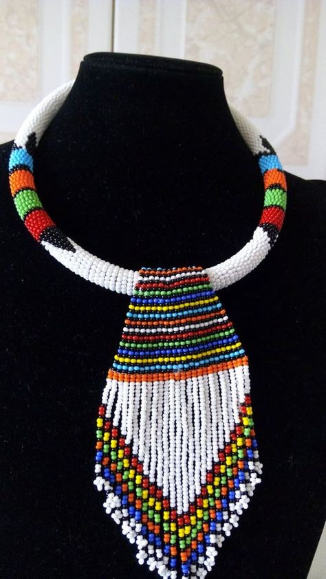 Jewelry Design Zulu Shweshwe Xhosa Zulu Necklace, Elegant Statement Necklace, Pokemon Jewelry, White Beaded Necklace, White Beaded Necklaces, Wholesale Necklaces, Dainty Diamond Necklace, Rope Jewelry, African Necklace