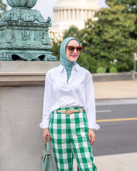 Gingham Style 💚🌿 Outfit Details: Top @spanx Pants @boden_clothing Scarf @hautehijab Belt @sezane Shoes @sezane Bag @furla Sunnies @krewe #ootd #igdc #dcblogger #modestfashion #hijabstyle Sezane Bag, Sezane Shoes, Boden Clothing, Gingham Fashion, Outfit Details, Hijab Fashion, Modest Fashion, Gingham, Sunnies