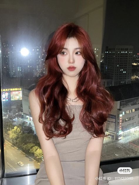 Red Hair Outfit Ideas Street Styles, Red Hair Dress Outfits, Korean Dyed Hair, Red Hair Korean, Asian Red Hair, Pelo Color Vino, Korean Hair Color, Wine Hair, Red Hair Inspo