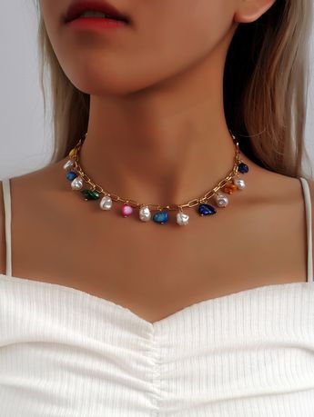 Multicolor Vacation Collar Plastic Embellished Fashion Jewelry Fall Jewelry Trends 2023, Trendy Necklaces Jewelry Trends, Carnival Jewelry, Multicolor Pearl Necklace, Pearl Charm Necklace, Embellished Fashion, Abs Women, Pearl Necklace Designs, Accesories Jewelry