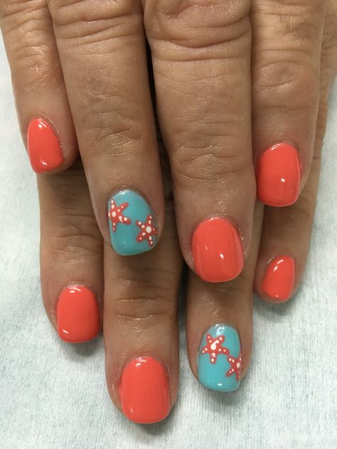 Summer Vacation Beach Orange Sky Blue Starfish gel nails Beach Gel Nails, Vacation Nail Designs, Summer Holiday Nails, Summer Vacation Nails, Vacation Nails Beach, Beach Nail Designs, Cute Summer Nail Designs, Summer Nails Beach, Summer Gel Nails