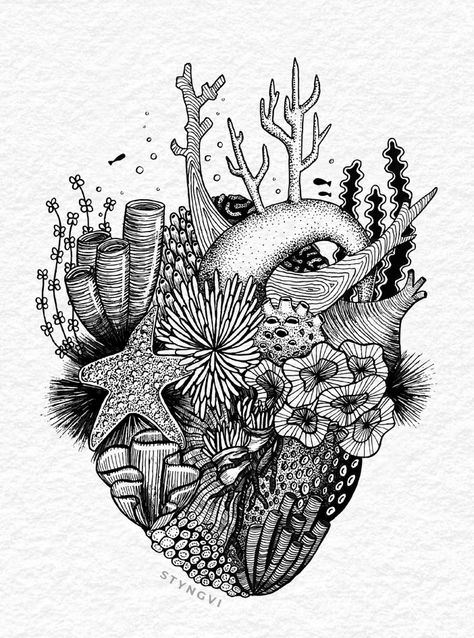 Reef Tattoo Design, Floral Sea Creature Tattoo, Ocean Coral Tattoo, Sea And Stars Tattoo, Beach Shell Tattoo, Coral Reef Tattoo Design, Unique Ocean Tattoos, Ocean Heart Tattoo, Coral Tattoo Reef