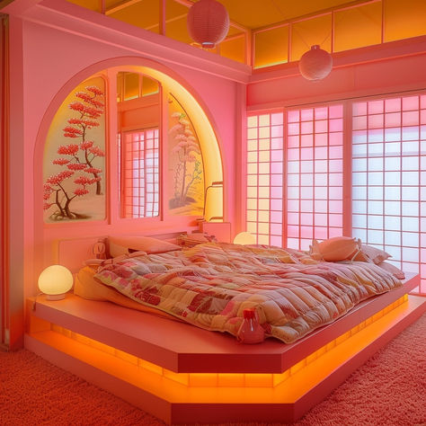 dreamy oasis  vibrant pink-themed decor pastel quilt  ambient lighting Japanese-inspired elements shoji screens #BedroomDecor #DreamyOasis #PinkDecor #CozyLiving #InteriorDesign #JapaneseInspired #ModernElegance Tokyo Room Aesthetic, Tokyo Bedroom, Japanese Themed Bedroom, Pink And Orange Bedroom, Japan Room, Asian Room, Shoji Screens, Colorful Homes, Japan House