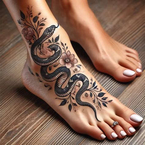 Snake On Leg Tattoo Woman, Witchy Rib Tattoo, Wraparound Ankle Tattoo, Thigh Snake Tattoo Women, Snake Leg Tattoos Women, Tattoo On Feet For Women, Feet Tattoos Men, Ankle Foot Tattoo Wrap Around, Tattoo Ideas Female With Meaning