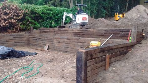 Reclaimed Railway Sleepers, Sleeper Wall, Sleeper Retaining Wall, Building A Retaining Wall, Terraced Landscaping, Railway Sleepers, Creative Life Hacks, Landscaping Retaining Walls, Boundary Walls