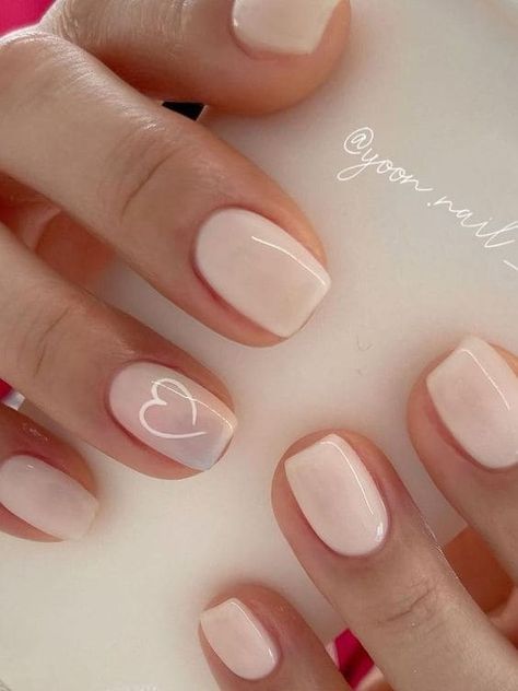 French Manicure With Heart Design, Nude Valentines Nails, Heart Nail Designs, Pink Glitter Nails, February Nails, Nude Nail Designs, Subtle Nails, Already Gone, Gelish Nails