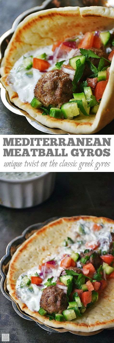 Mediterranean Meatball Gyros Sandwiches | by Life Tastes Good are full of flavor and very satisfying! Using simple flavors often found in Greek cuisine, this unique recipe puts a twist on a traditional gyros recipe. Makes a tasty dinner or appetizer recipe for parties too! #SundaySupper Traditional Gyro Recipe, Meatball Gyros, Mediterranean Meatballs, Gyros Recipe, Salad Quinoa, Unique Recipe, Tasty Dinner, Resep Diet, Think Food