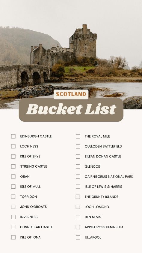 Are you traveling to Scotland soon? This Scotland bucket list covers all the must-see locations for your trip to the Scottish Highlands. Print it out and use for itinerary travel planning! Visit Scotland Travel Guide I Scotland Itinerary | Printable Scotland Travel Guide | Scotland travel tips | Isle of Skye what to do | Scottish Isles | Scottish Highlands travel | Isle of Skye Road Trip | Scotland Road Trip Outlander Travel Scotland, Must See Scotland Bucket Lists, Scotland Hiking Trails, Places To Visit In Scotland Scottish Highlands, Uk Trip Ideas, Scottish Highlands Road Trip, Outlander Scotland Locations, Scotland Itinerary 2 Weeks, Scottish Road Trip