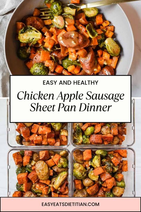 This fall harvest chicken apple sausage sheet pan dinner is not only a great meal prep lunch or dinner, but it is healthy, easy and delicious! #mealprep #fallsheetpandinner #falldinner #easydinner #fallrecipes #sheetpan #sheetpanmeal #sheetpandinner #mealprepideas #healthymealprep #fallveggies One Pan Lunch Ideas, Sheet Pan Chicken Sausage Sweet Potato, Chicken Apple Sheet Pan Dinner, Dinner Recipes Fall Easy, Bruschetta Chicken Sheet Pan Dinner, Sausage And Peppers Meal Prep, Healthy One Pan Meal Prep, Fall Sheet Pan Dinners Sausage, Chicken Apple Sausage Sweet Potato