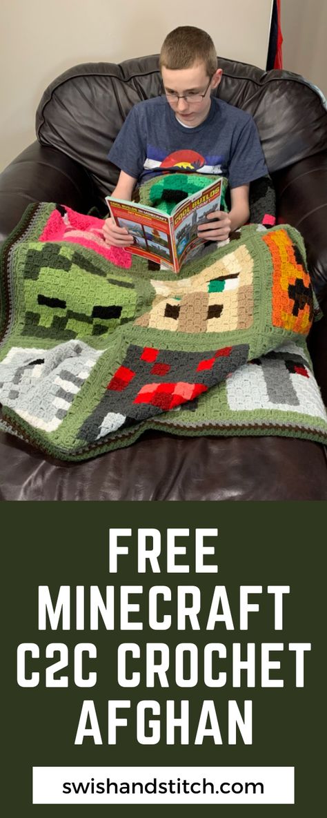 Minecraft C2C Crochet Afghan-Joining and Edging - Swish and Stitch Minecraft Crochet Patterns, Minecraft Blanket, Minecraft Crochet, Minecraft Pattern, Block Crochet, Easy Blanket, Crochet C2c Pattern, C2c Crochet Blanket, Corner To Corner Crochet