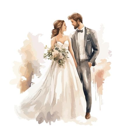 Couple With Flowers, Marriage Drawing, Wedding Watercolor Painting, Marriage Art, Bride And Groom Cartoon, Wedding Artwork, Christian Bride, Wedding Happy, Wedding Portrait Poses